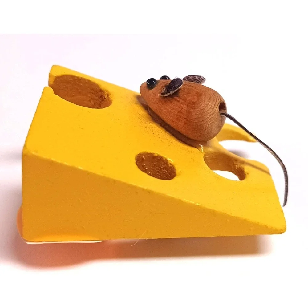 Vintage 1996 Handmade Wood Mouse Swiss Cheese Magnet 90s Folk Art Craft Dated